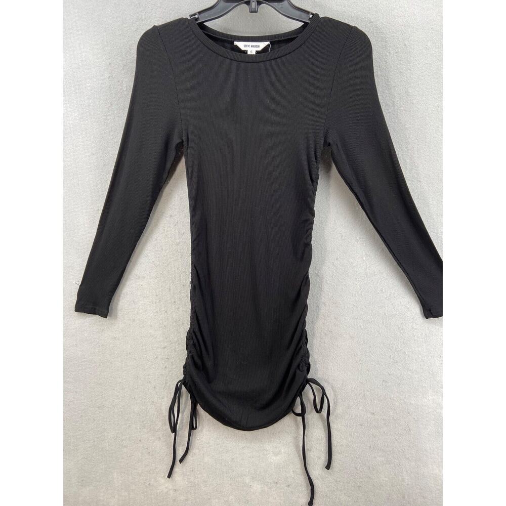 Steve Madden Dress Womens Sz Small Black Ribbed BodyCon Side Ties Knit Long Slv
